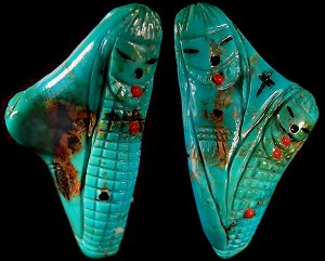 Sandra Quandelacy has used a small (but interesting) nugget of turquoise to form the bodies of these three little Zuni maids |  Price:  WAS $125.  | NOW ON SALE $60.  |  CLICK IMAGE for more views & information.