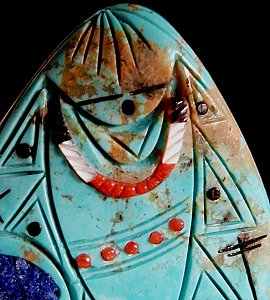  Vickie Quandelacy has chosen a beautiful turquoise stone to make this double-sided maiden with intricate detail and inlay|  Price:  WAS $225.  | NOW ON SALE $ 105.  |  CLICK IMAGE for more views & information.