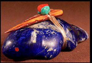 Leland Boone has inlaid red coral eyes on this beautiful lapis  beaver and gifted him with a large spiney oyster arrowhead |  Price: $165.     | NOW ON SALE $85.  |  CLICK IMAGE for more views & information.