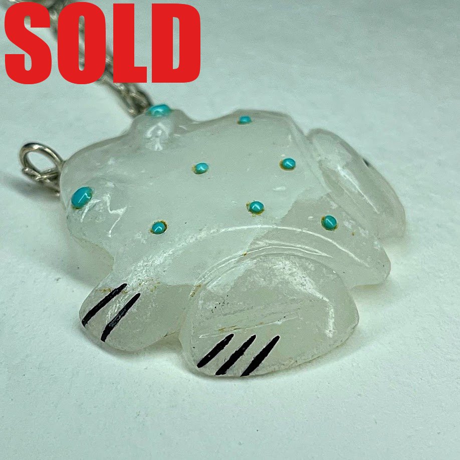 Andrew & Laura (d.) Quam | Onyx | Frog Pendant |Price: $165.
plus shipping, depending on your location | Texas sales tax applies to Texas Residents! | CLICK  IMAGE for more views & information. | Authentic Zuni fetishes direct from Zuni Pueblo to YOU 
from Zunispirits.com!