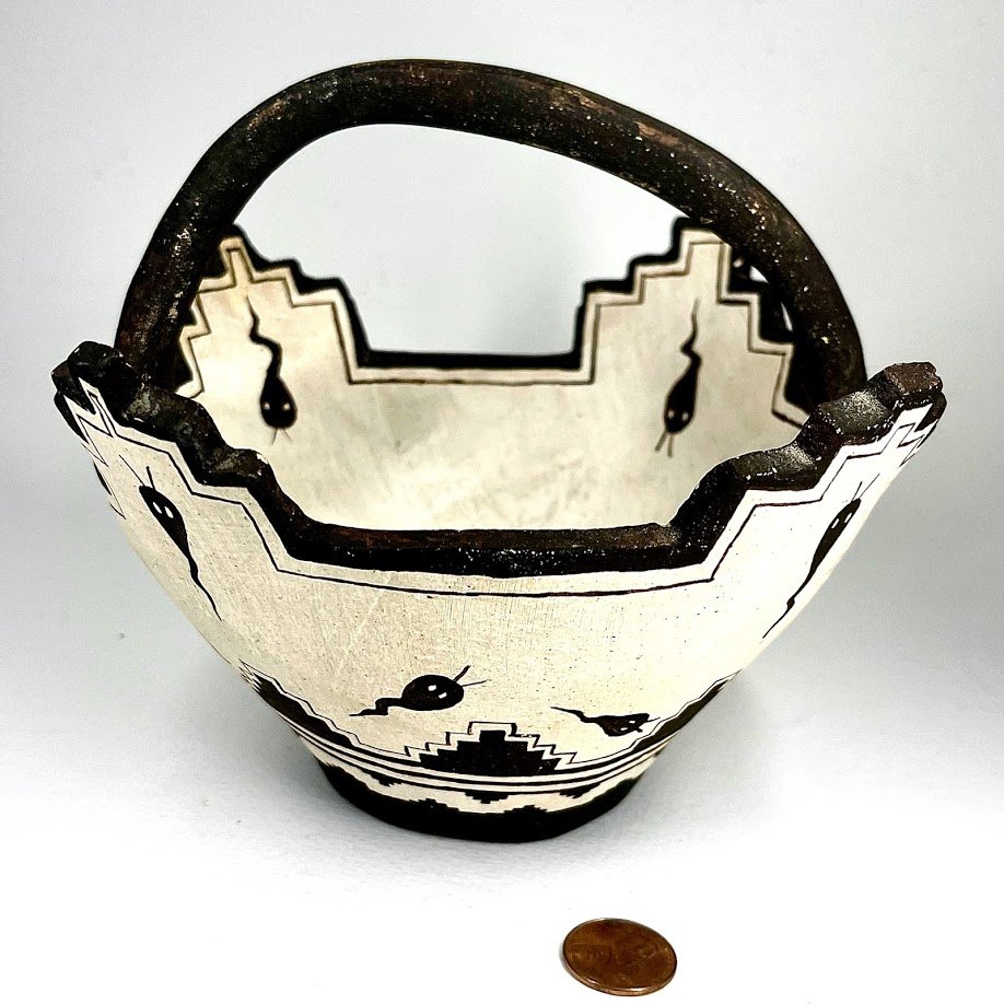 Josephine Nahonai (1912-2007) | Zuni Pottery |Stepped Corn Meal Bowl with Handle
| Price: $750.  +   shipping, depending on your location | Texas sales tax applies to Texas Residents! | 
CLICK  IMAGE for more views & information. | Authentic Zuni fetishes direct from Zuni Pueblo to YOU 
from Zunispirits.com!