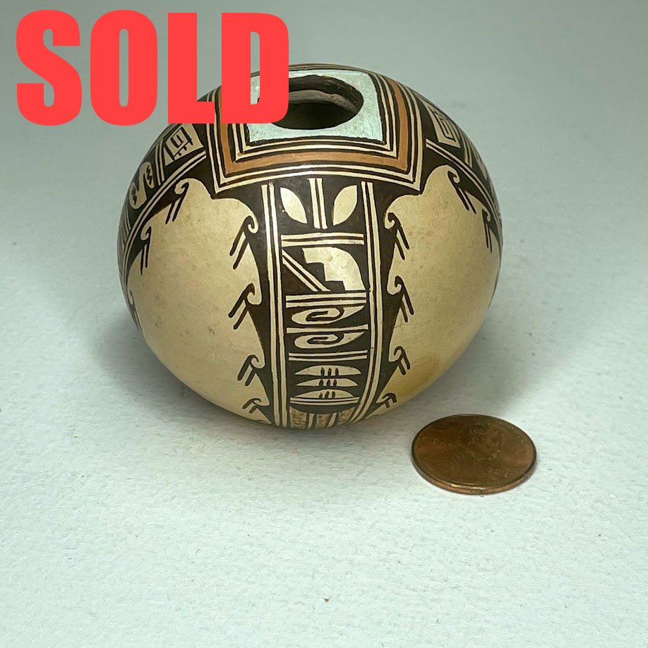 Cynthia R. Seque Komalestewa (d.), Hopi | Clay & natural pigments | Seed pot |
Price: $150.  +   shipping, depending on your location | Texas sales tax applies to Texas Residents! | 
CLICK  IMAGE for more views & information. | Authentic Zuni fetishes direct from Zuni Pueblo to YOU 
from Zunispirits.com!